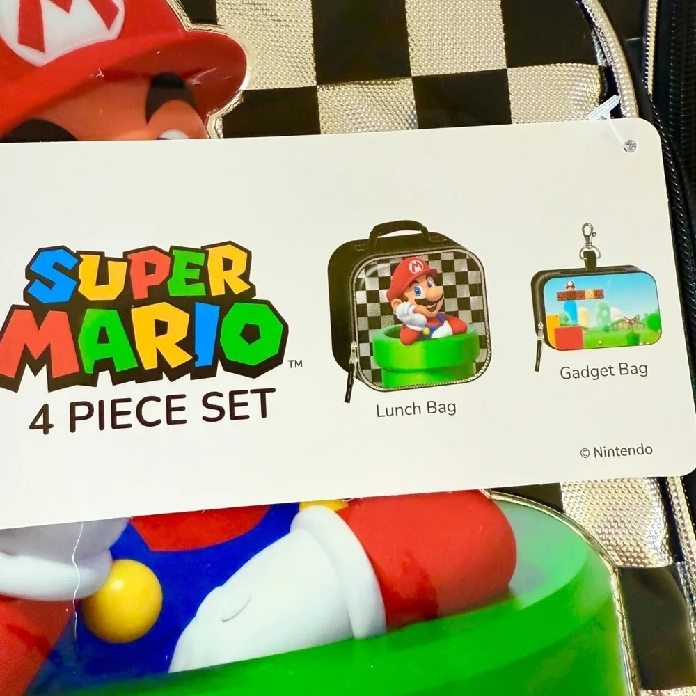 Nintendo Super Mario Kid 4 Piece School Backpack Set Lunch & Gadget Bags 17